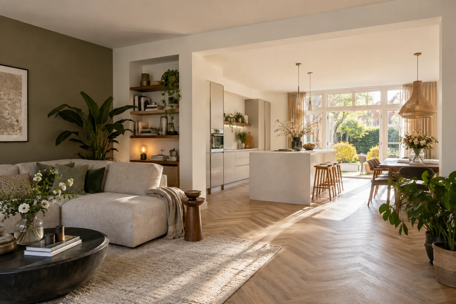 Inspiratie: lichte woonkamer en open keuken verbonden door een brede, afgewerkte opening